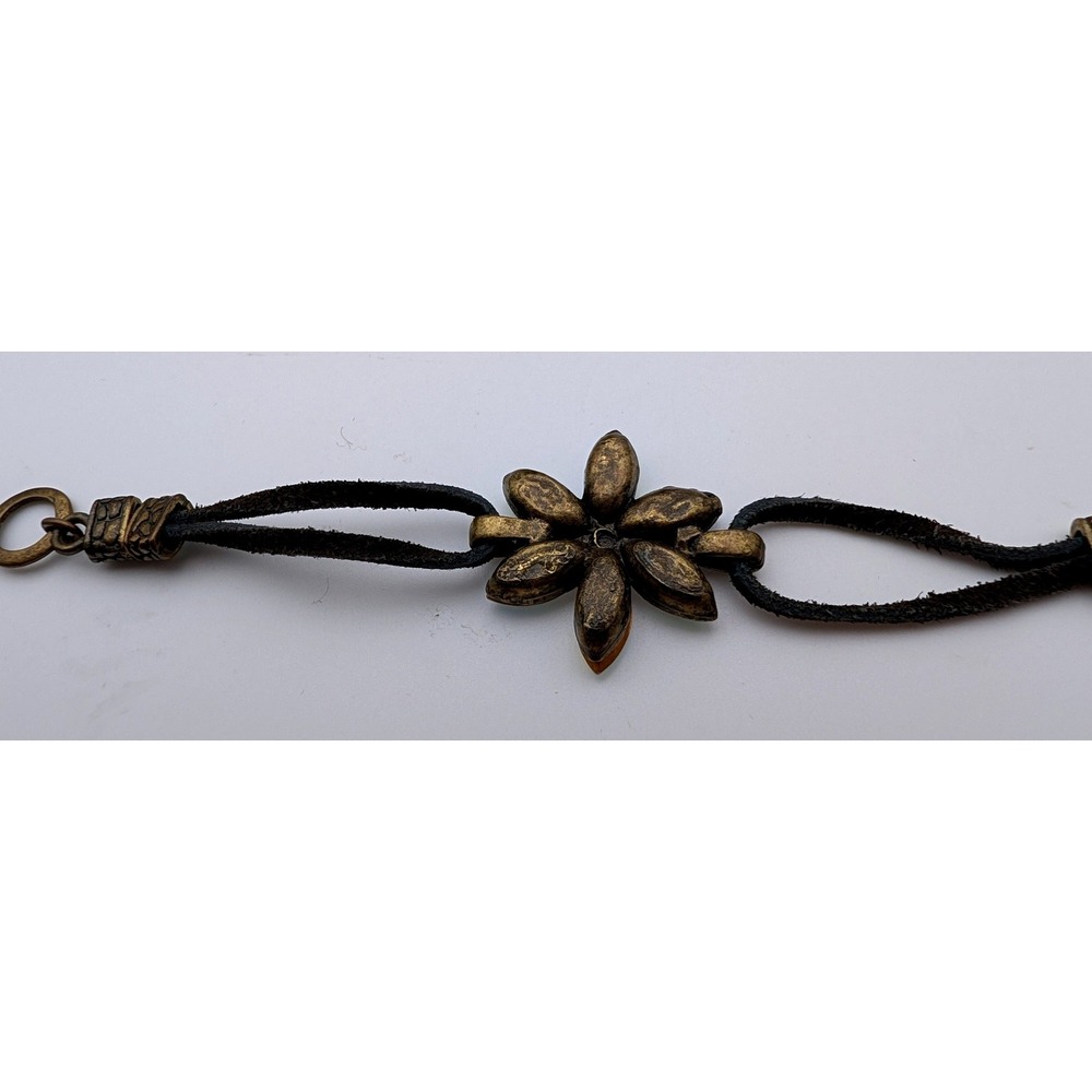 Iridescent Crystal Flower Suede Cord Bracelet Antique Brass Toggle Clasp 7.5" - Picture 7 of 10